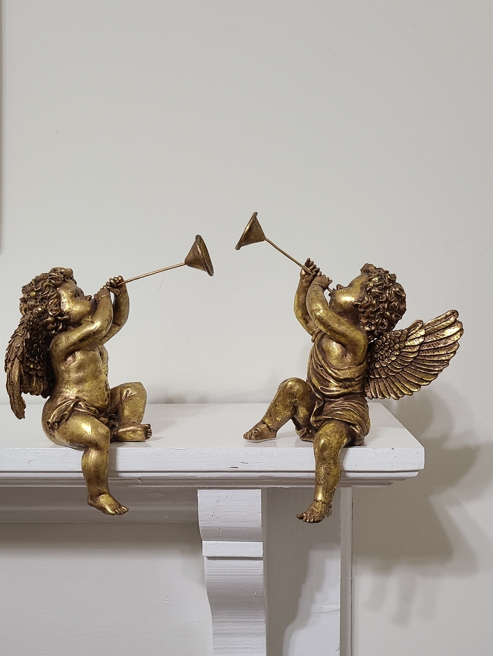 Pair of Vintage Gold Cherubs Angels Blowing A Horn Mantle